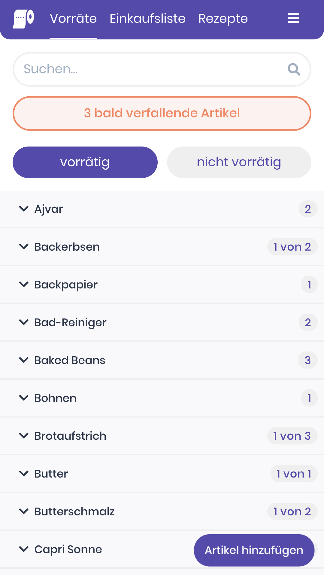 Screenshot des Inventars