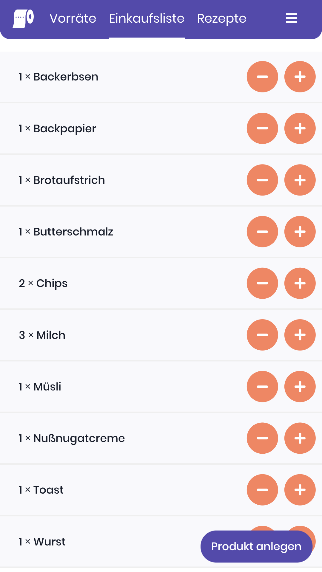 Screenshot der Einkaufsliste